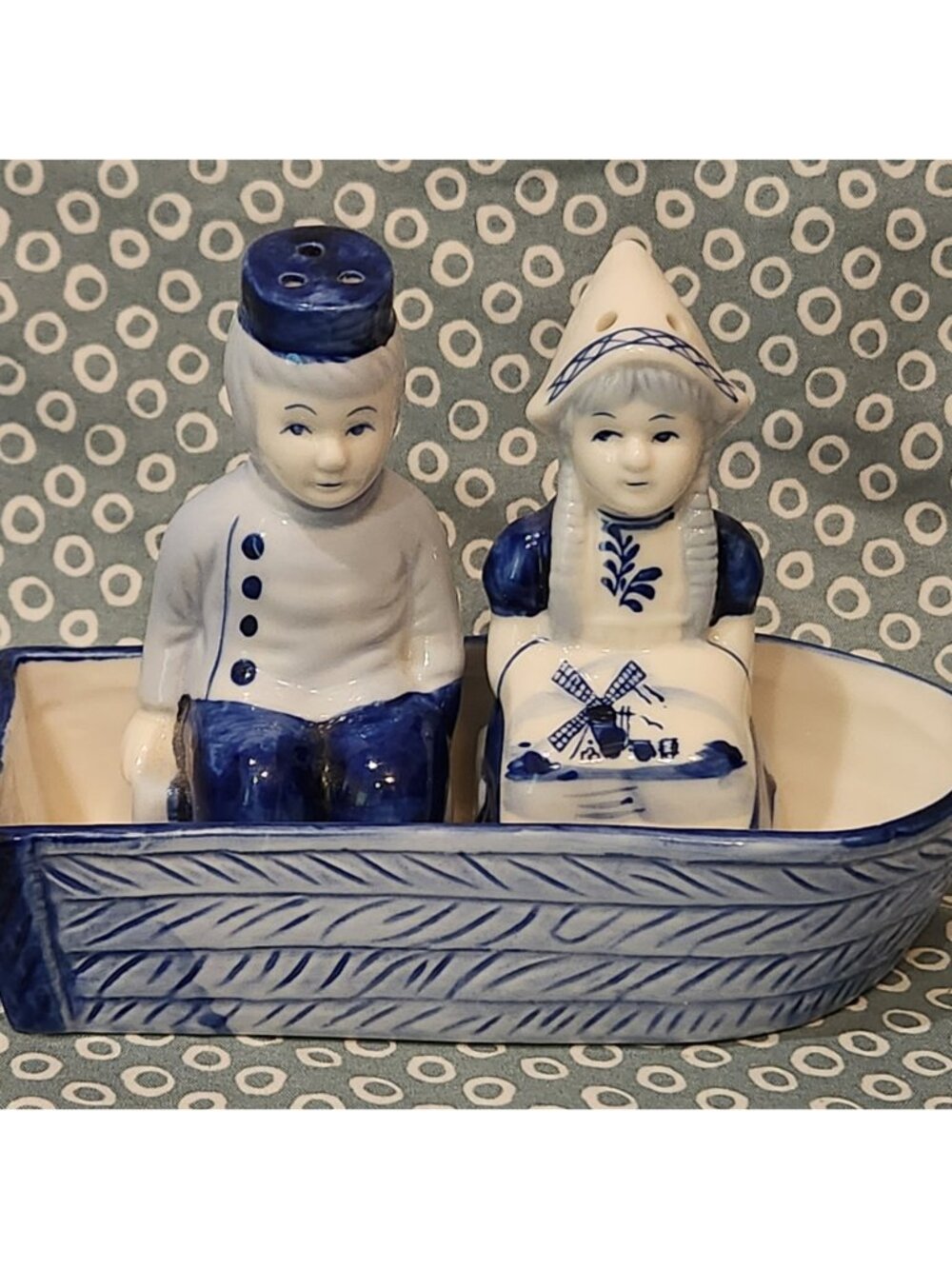 Vintage Delft Blue Salt & Pepper Shakers ~ Boy and Girl in Boat ~ Solvang